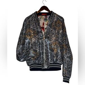 RARE TALLIA Metallic Sequin Bomber Jacket in Silver & Gold Floral Lining MINT 💫